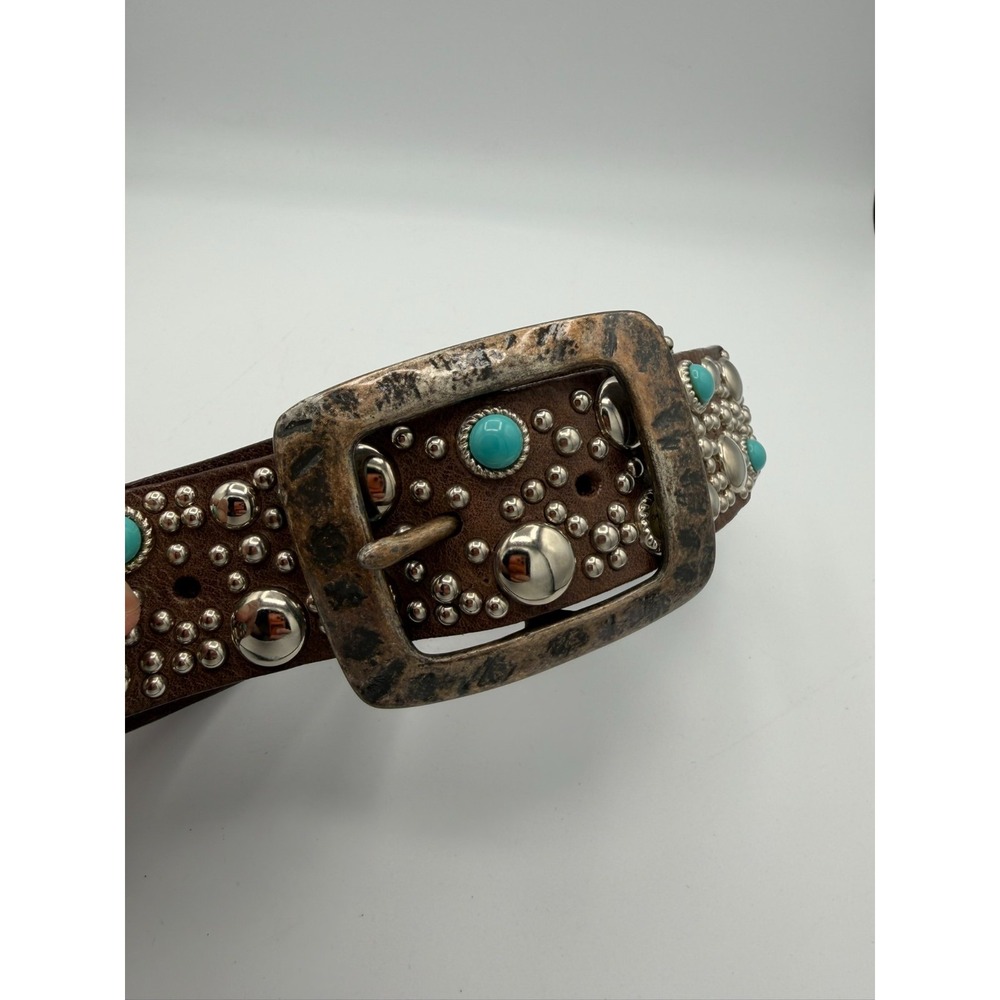 Streets Ahead Embellished Leather Belt Brown Turquoise Studded Size M Boho